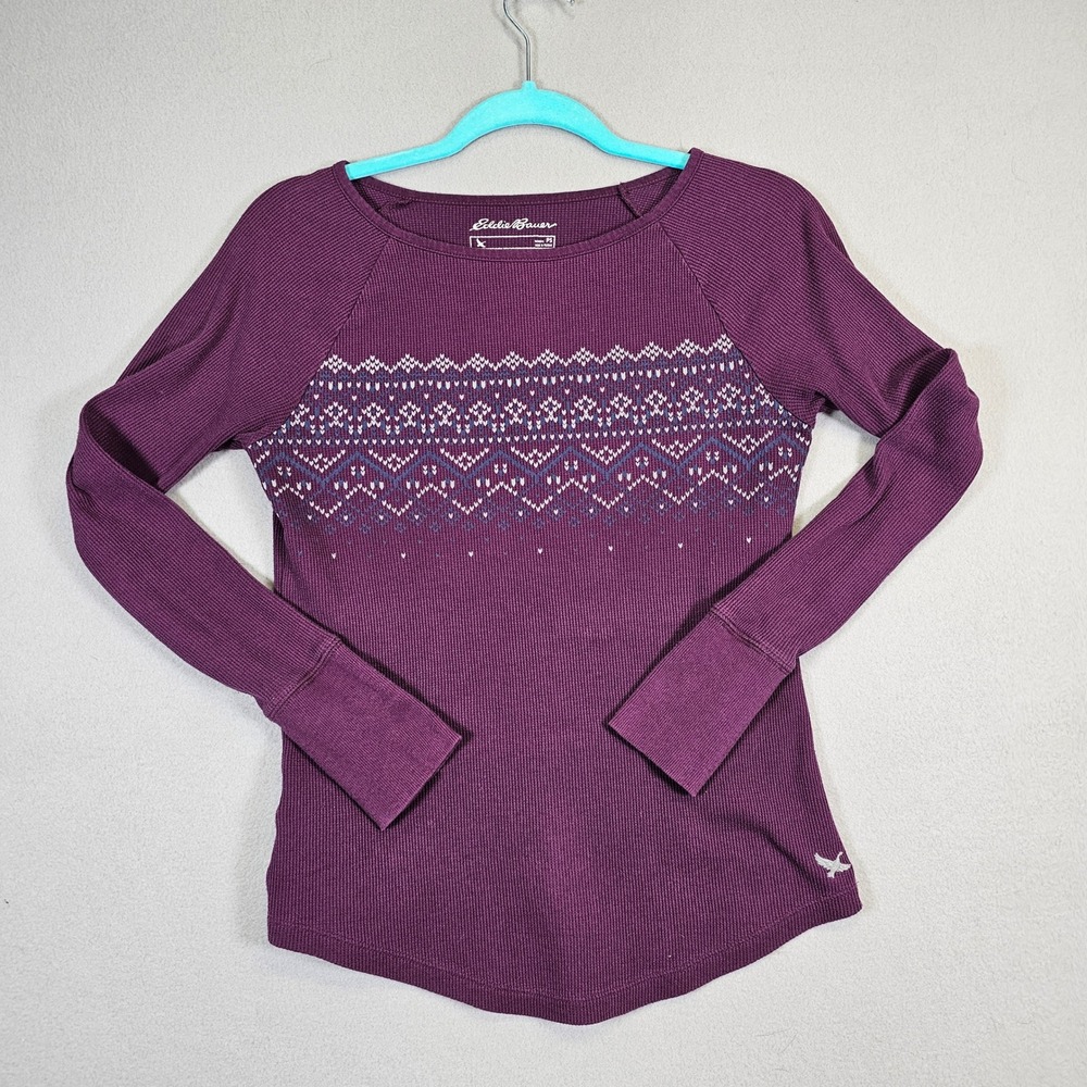 Eddie‎ Bauer Womens Petite Small PS Purple Fair Isle Thermal Knit Top